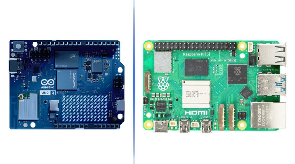 Arduino UNO Q SBC and Raspberry Pi 5 side by side on a white surface — single-board computer comparison 2026"
