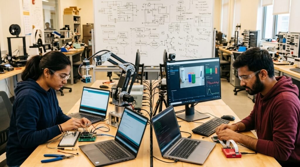 Two university students in a robotics lab using Arduino UNO Q and Raspberry Pi 5 for different embedded projects