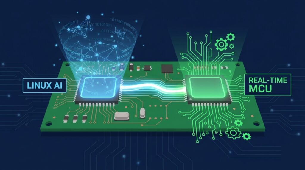 Digital illustration showing Arduino UNO Q dual-brain architecture with Qualcomm Linux AI processor and STM32 real-time microcontroller on one board