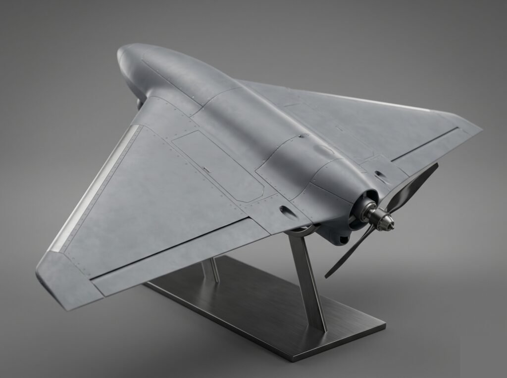 Close-up technical render of a Shahed 136-style delta-wing loitering munition drone on display, showing pusher propeller and triangular airframe design