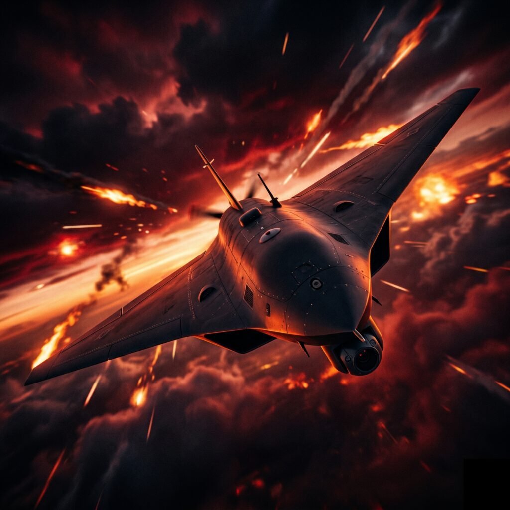 Delta-wing kamikaze drone flying directly toward the viewer against a dramatic red sky — Shahed 136 loitering munition concept