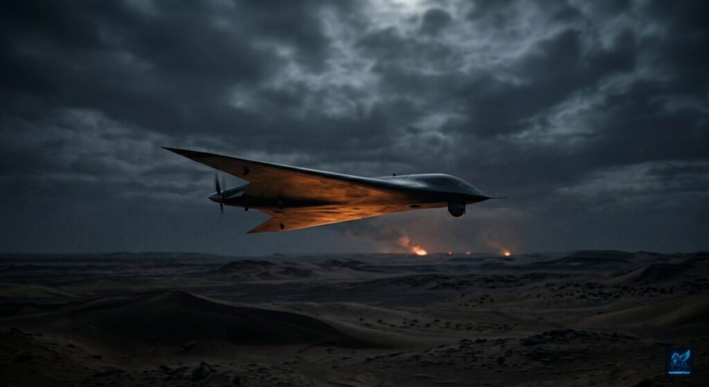 Delta-wing kamikaze drone flying at night over a desert landscape, representing loitering munition technology in modern warfare