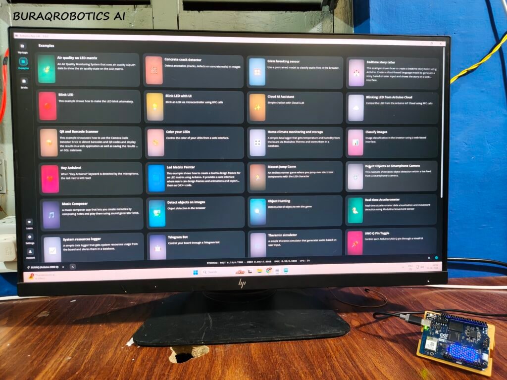 Arduino UNO Q connected to laptop running Arduino App Lab development environment — BURAQROBOTICS AI build log week 1