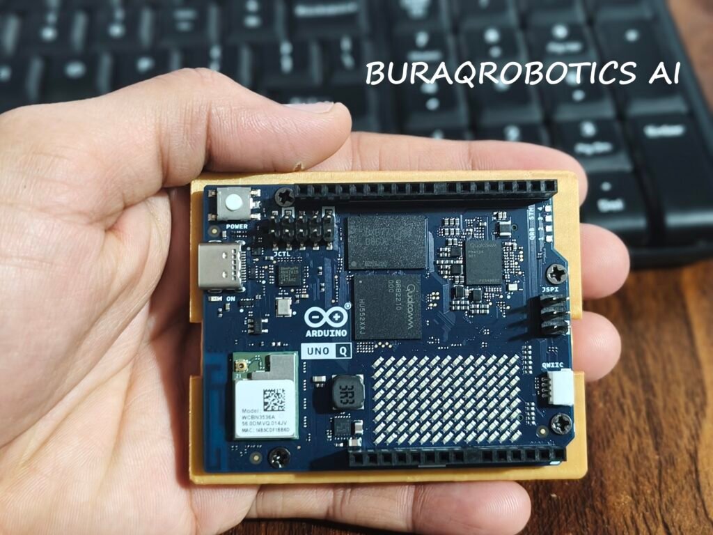 Component package on workshop desk for BuraqRobotics AI Arduino Physical AI Challenge India 2026 project build