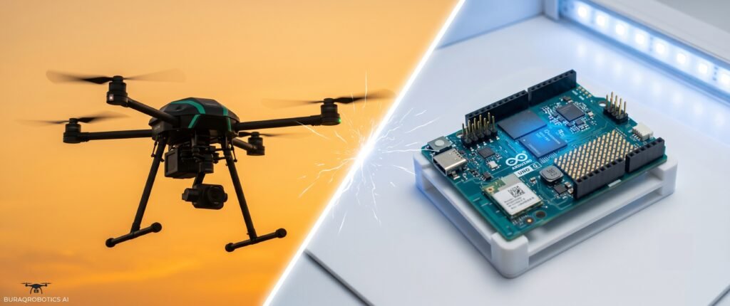 Physical AI concept showing drone flying on one side and Arduino UNO Q board on the other side connected by data streams — BuraqRobotics AI