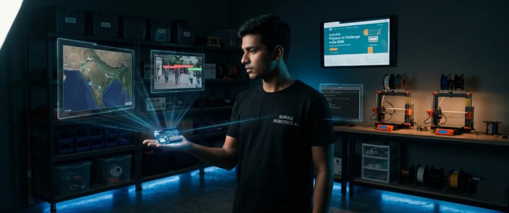 Arduino UNO Q board with project roadmap checklist for Arduino Physical AI Challenge India 2026 build log