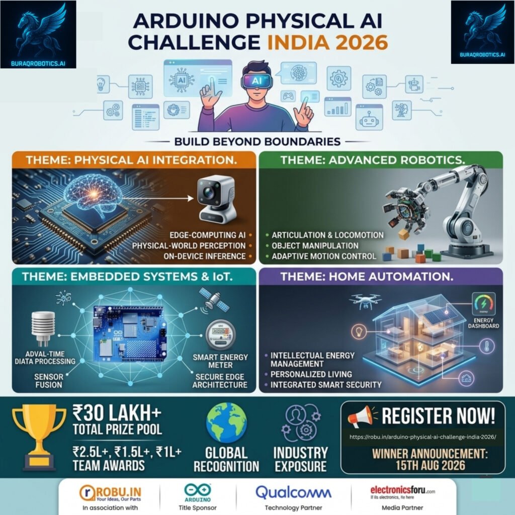 Arduino Physical AI Challenge India 2026 official poster showing Arduino UNO Q board with 30 lakh prize pool organized by Robu.in Arduino and Qualcomm