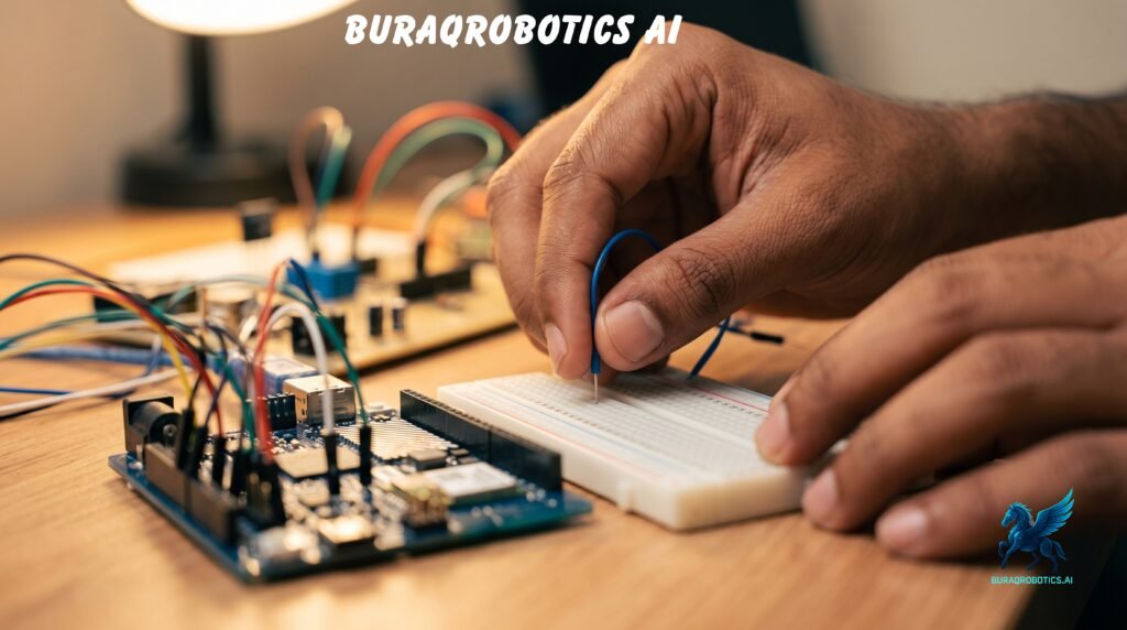 Hands wiring Arduino UNO Q components during BURAQROBOTICS AI Physical AI Challenge build week 4