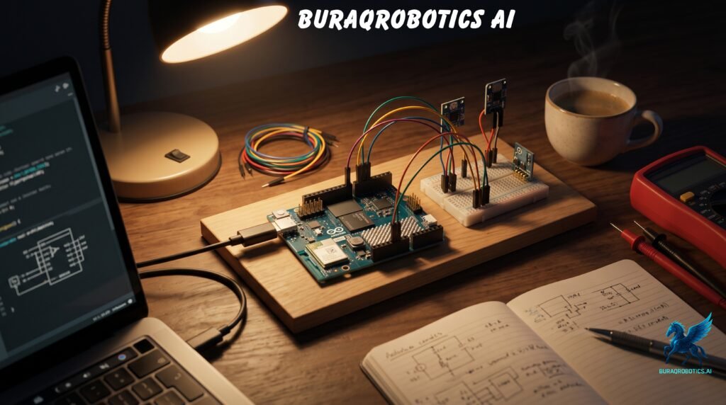 Arduino UNO Q wired components testing setup for Arduino Physical AI Challenge India 2026 build log week 4